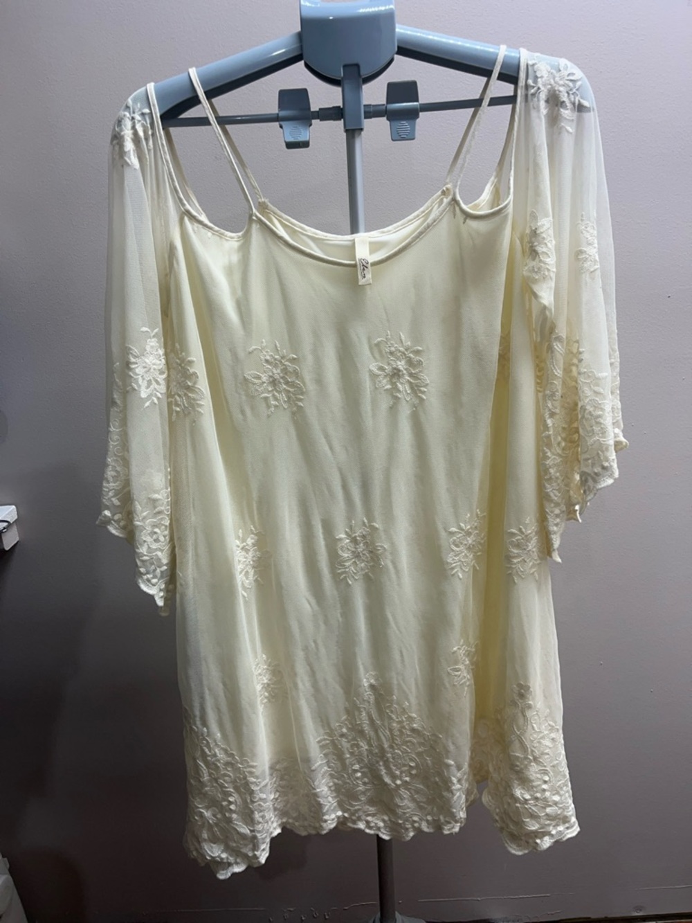 Elan Cream Lace-Embroidered Asymmetrical Slip Dress